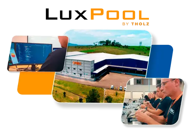 Equipe da Tholz trabalhando no desenvolvimento de tecnologia para piscinas, com imagens da fábrica e do time técnico em ação, representando a marca Pool by Tholz.