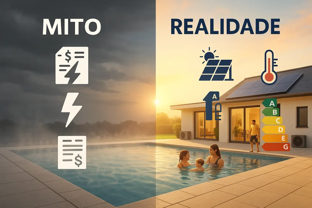 Comparativo visual entre o mito e a realidade sobre o aquecimento de piscinas. À esquerda, a cena “Mito” mostra uma piscina ao pôr do sol, simbolizando alto consumo de energia. À direita, a cena “Realidade” exibe uma família aproveitando a piscina aquecida de forma sustentável, com uma bomba de calor LuxPool e painéis solares.