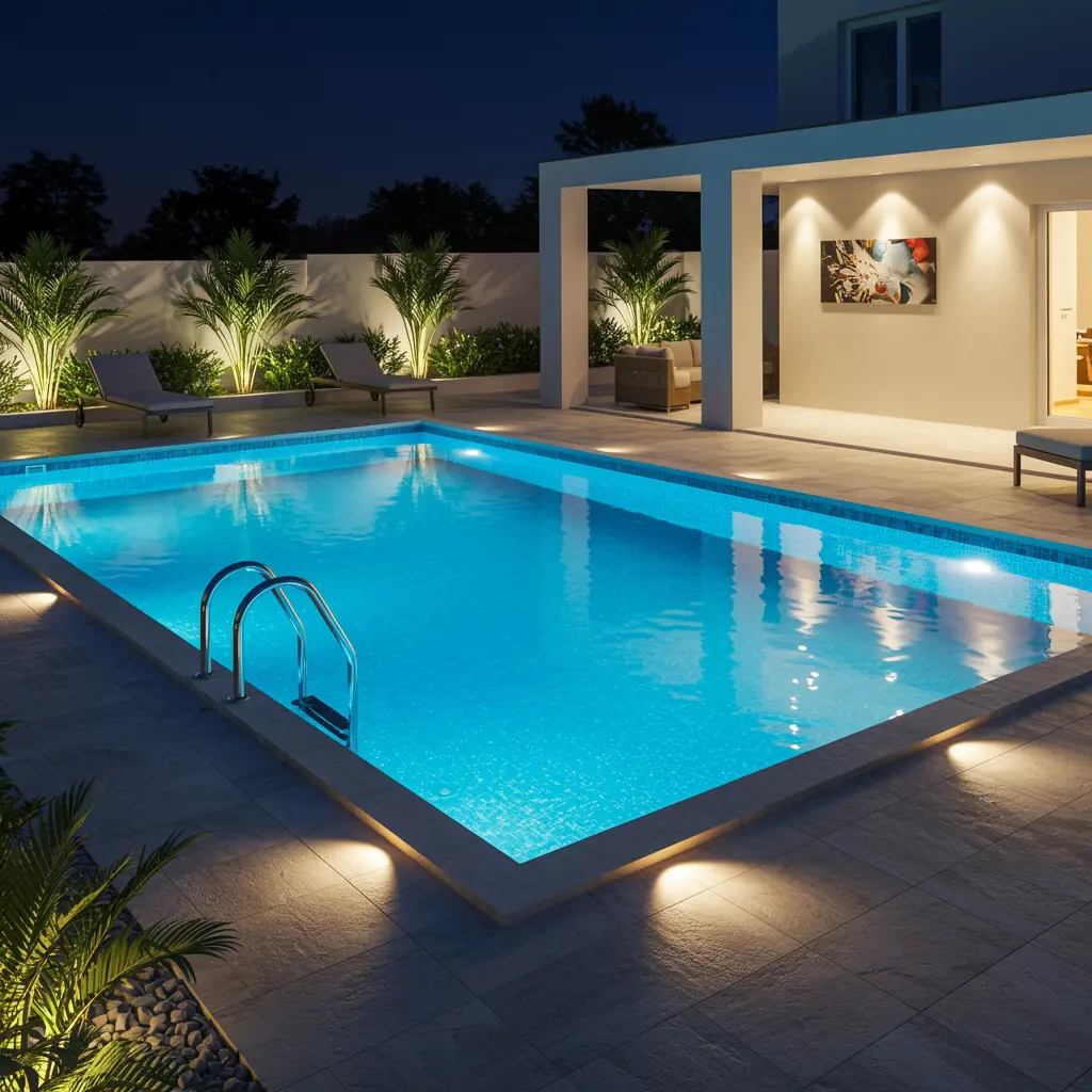 Piscina moderna iluminada à noite, com refletores subaquáticos e luzes de paisagismo realçando o ambiente externo de uma casa contemporânea.
