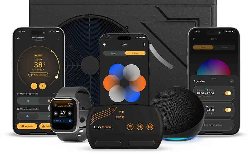 Sistema de automação LuxPool by Tholz com bomba de calor, módulos inteligentes, assistente de voz, smartwatch e aplicativo móvel para controle de iluminação e aquecimento de piscinas.