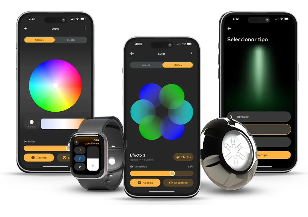 Aplicación LuxPool by Tholz mostrando el control inteligente de iluminación para piscinas, con selección de colores, efectos, brillo y programación desde el celular, smartwatch y control remoto.