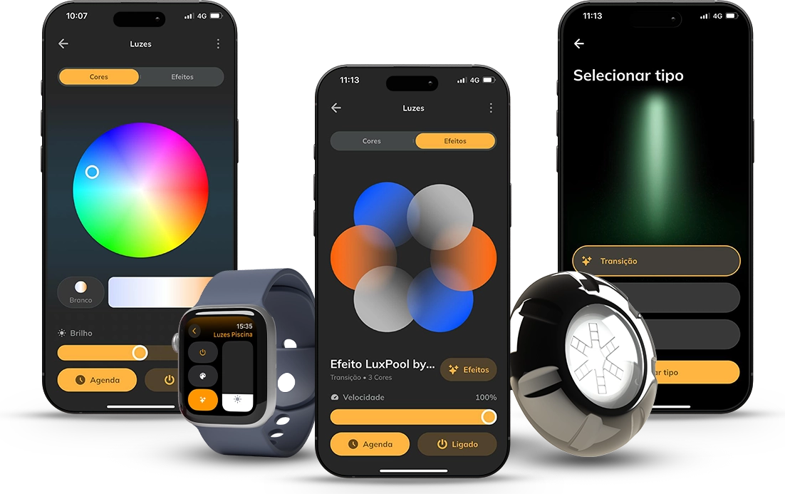 Aplicativo LuxPool by Tholz exibido em smartphones e smartwatch, mostrando o controle inteligente de iluminação de piscinas com ajustes de cor, brilho e efeitos dinâmicos.