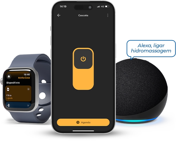 Controle de automação LuxPool by Tholz exibido em smartwatch, smartphone e assistente Alexa, mostrando o acionamento de cascata ou hidromassagem por comando de voz.