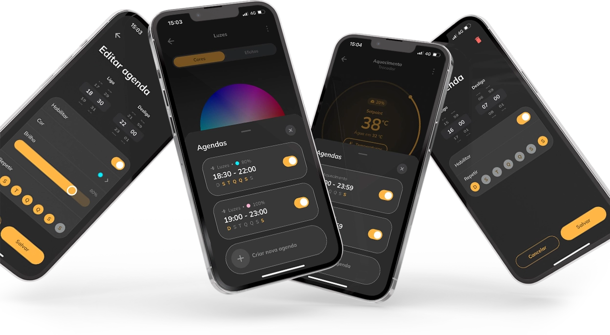 Aplicativo LuxPool by Tholz exibido em smartphones, mostrando o agendamento automático de iluminação e aquecimento de piscinas com controle de horário, brilho e repetição.