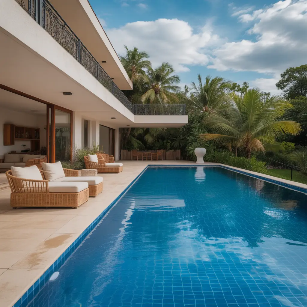 Piscina residencial moderna cercada por área verde e espreguiçadeiras de fibra natural, destacando conforto, sofisticação e integração com a natureza.