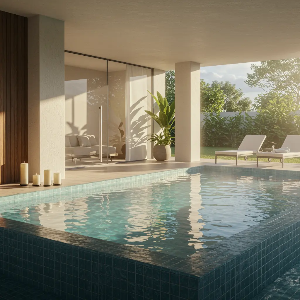 Piscina moderna em área coberta com luz natural suave, cercada por plantas e espreguiçadeiras, representando conforto e sofisticação.