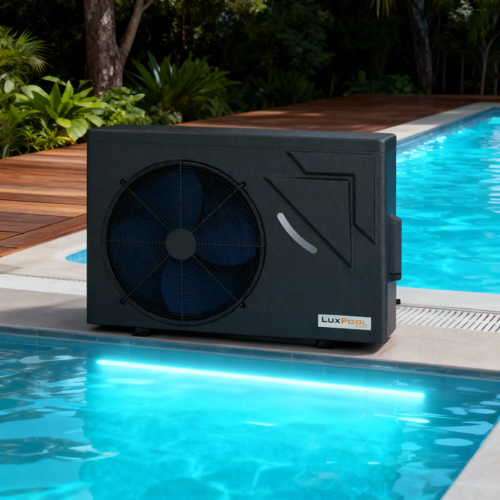 Trocador de calor LuxPool by Tholz instalado ao lado de uma piscina, representando eficiência e tecnologia em aquecimento de água.