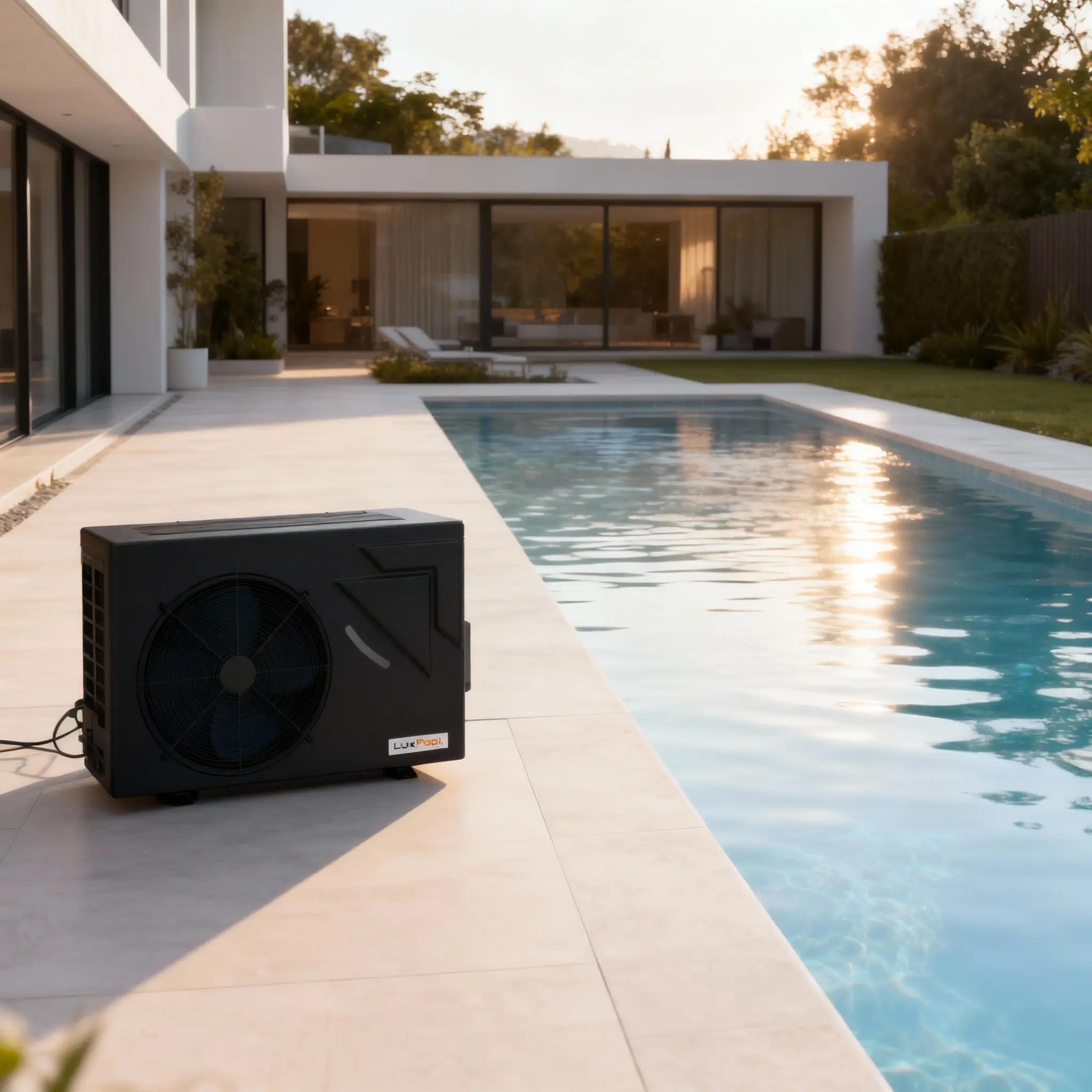 Trocador de calor LuxPool instalado à beira de uma piscina residencial moderna ao pôr do sol, representando eficiência energética e conforto térmico.