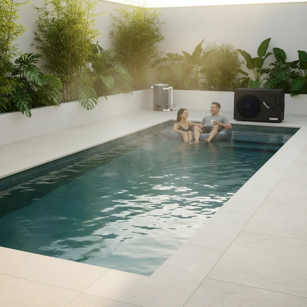 Casal relaxando em piscina aquecida com tecnologia LuxPool by Tholz, aproveitando um momento de conforto e tranquilidade.