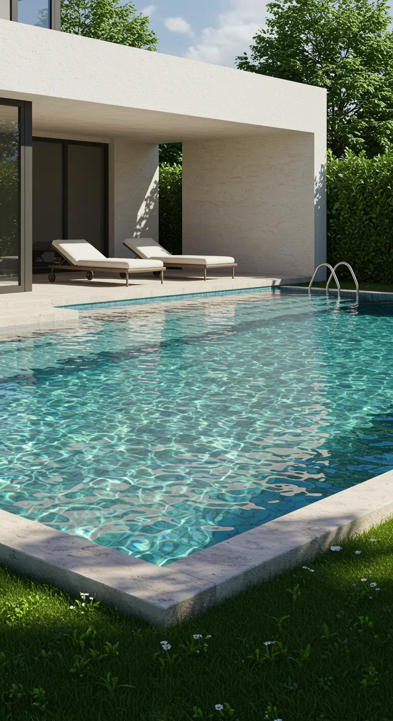 Piscina residencial moderna com água cristalina, arquitetura minimalista em concreto claro, espreguiçadeiras à beira da piscina e área externa integrada à natureza.