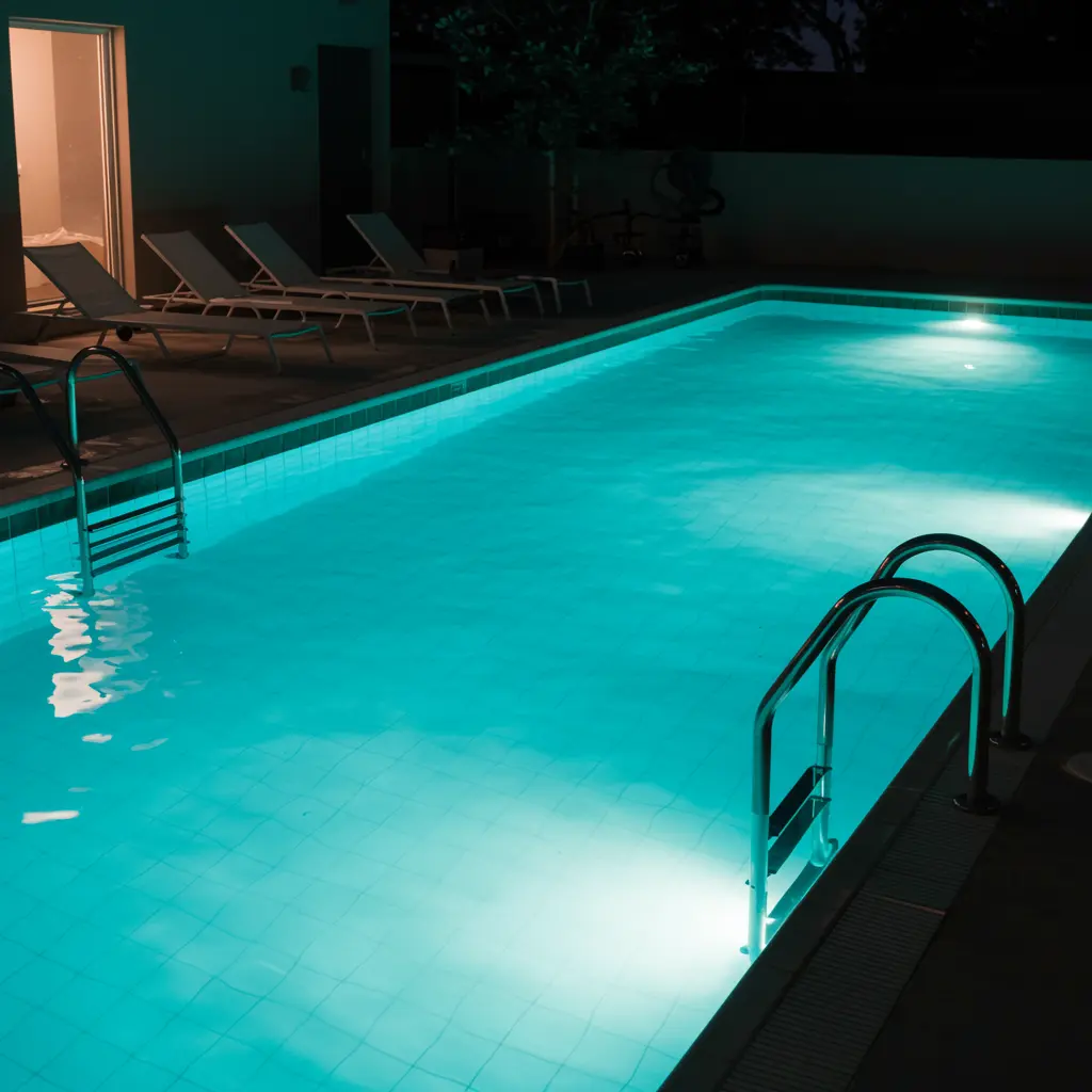 Nighttime swimming pool illuminated with underwater lights, featuring turquoise water, stainless steel ladders, and a calm residential outdoor setting.