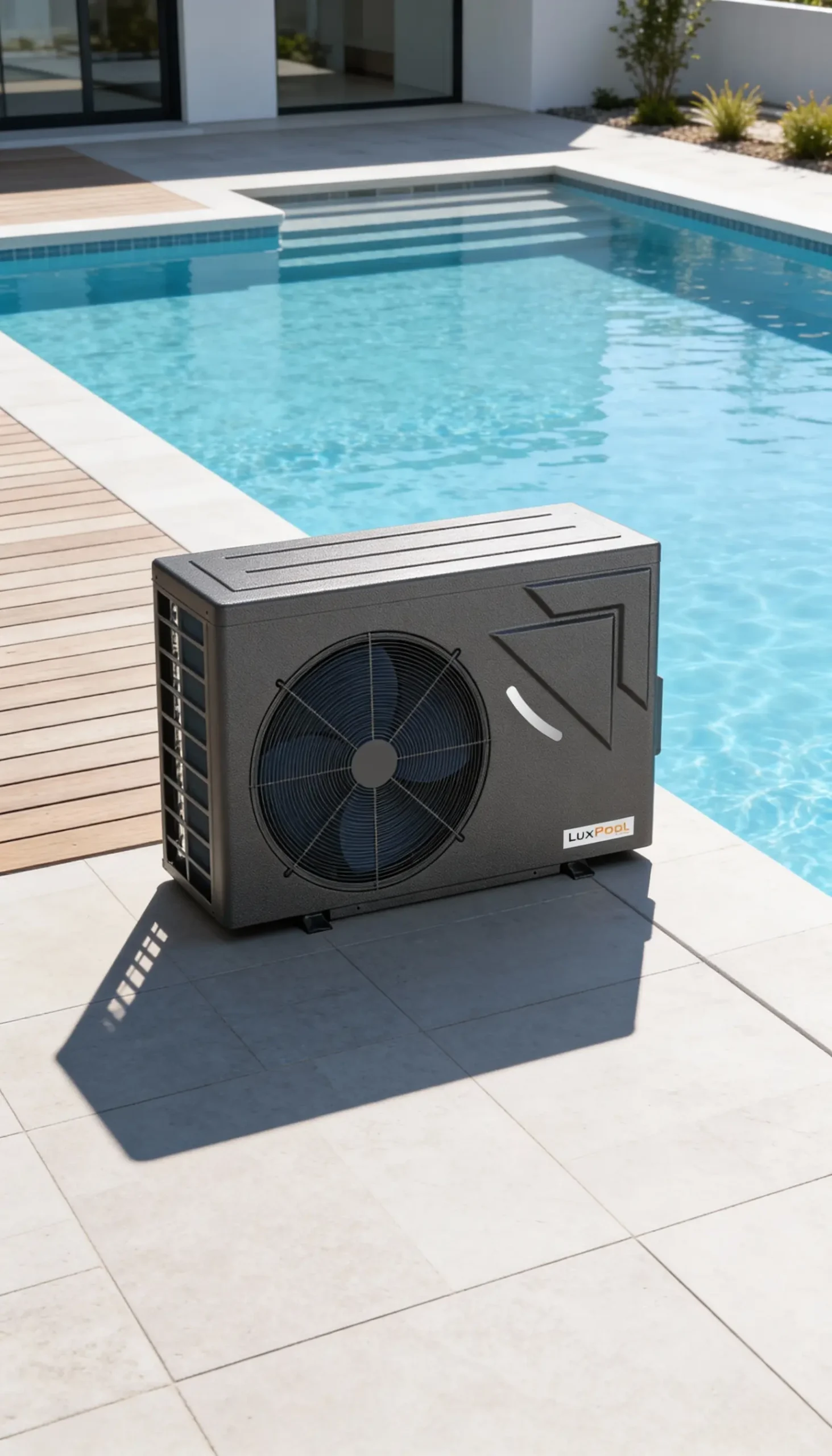Trocador de calor LuxPool instalado ao lado de uma piscina residencial moderna, em área externa ensolarada.