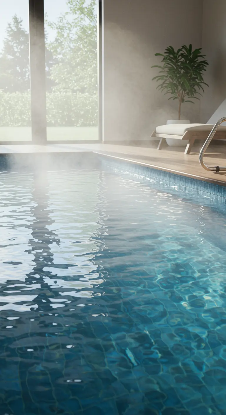 Piscina aquecida em ambiente interno com vapor d’água, proporcionando conforto e bem-estar em qualquer estação.