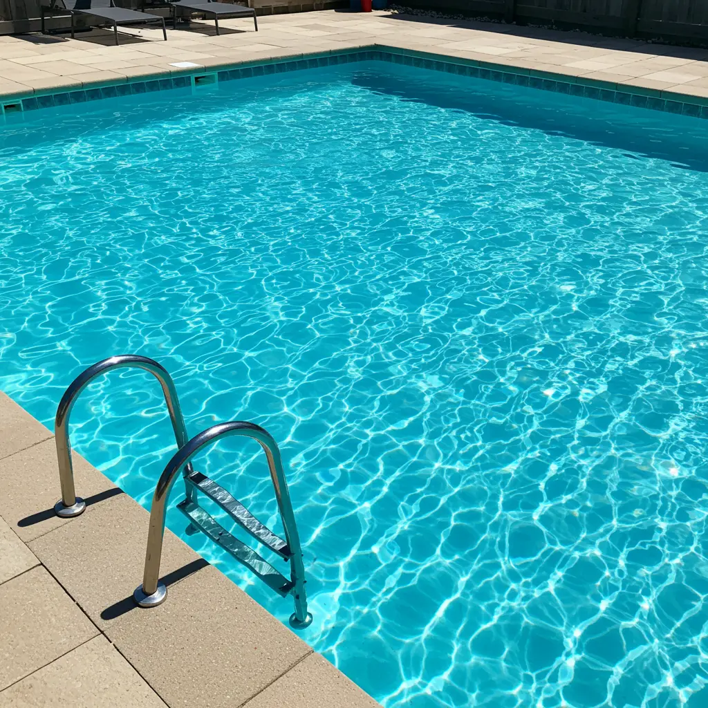 Piscina residencial moderna com água cristalina em área externa, equipada com trocador de calor para aquecimento eficiente.
