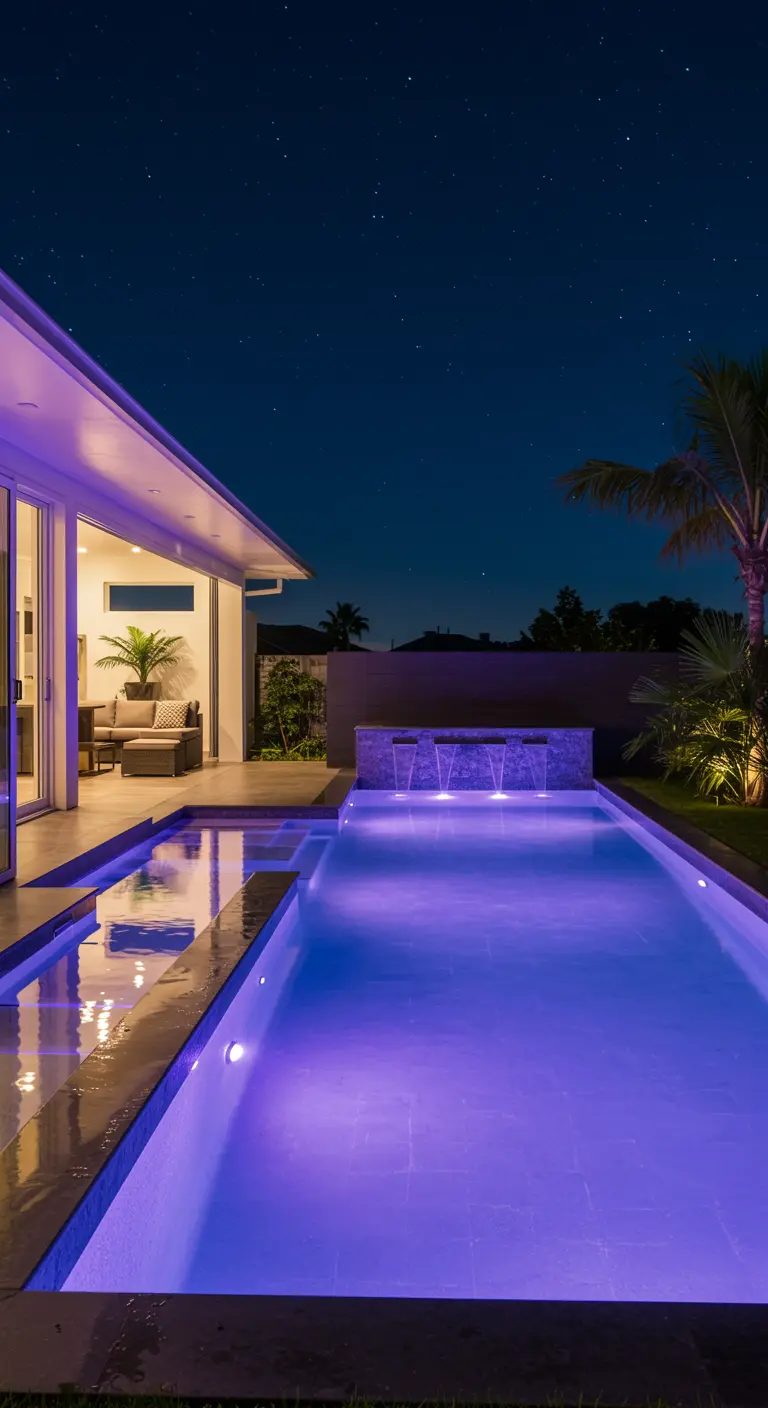 Piscina moderna iluminada em LED RGB roxo à noite, com cascata e área gourmet ao fundo sob céu estrelado.