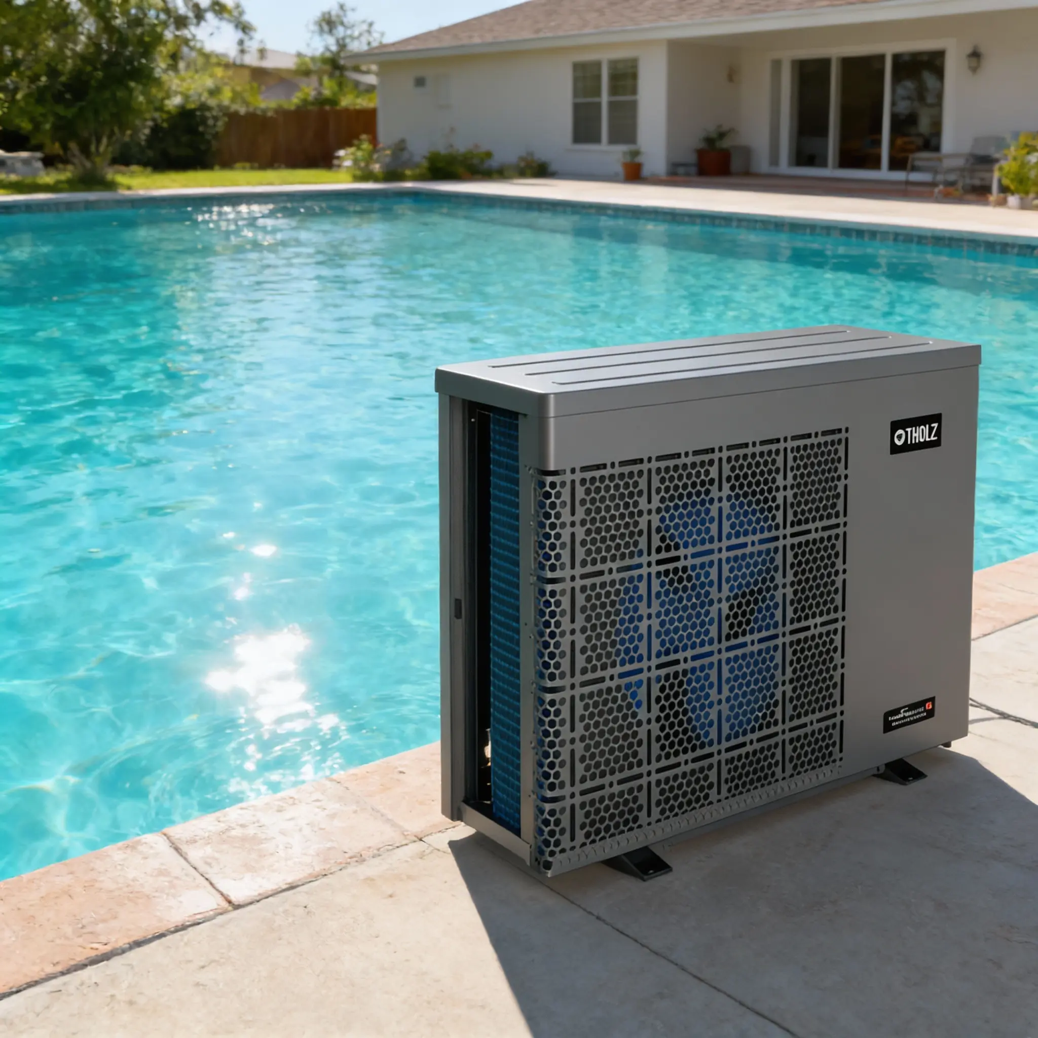 Piscina residencial moderna com água cristalina em área externa, equipada com trocador de calor para aquecimento eficiente.
