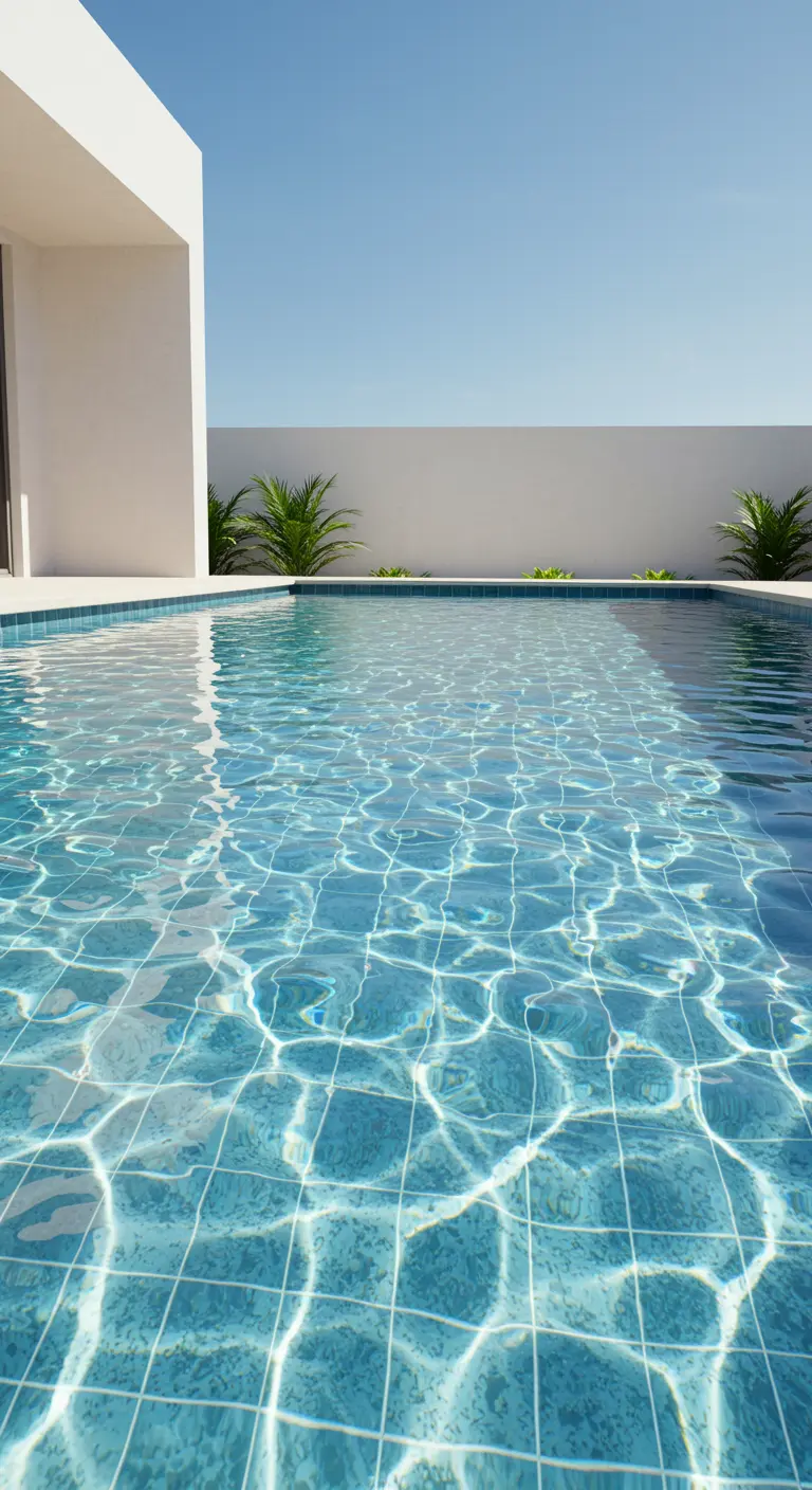 Piscina residencial com água cristalina e revestimento azul sob luz natural.