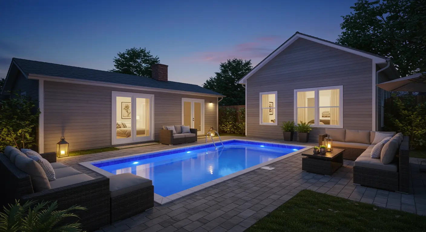 Piscina residencial iluminada com luz LED subaquática azul em área de lazer moderna com móveis externos ao entardecer