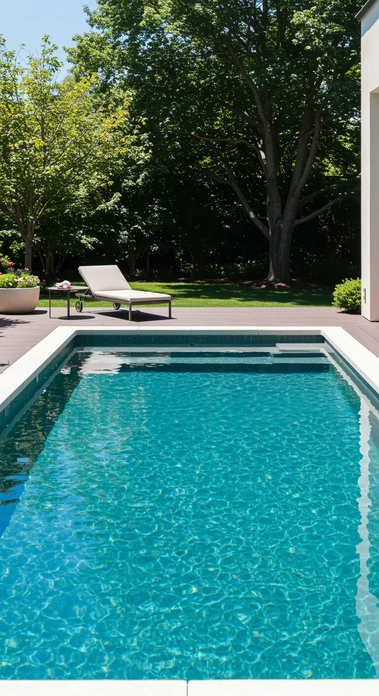 Piscina moderna com água cristalina em área externa com deck de madeira e jardim arborizado