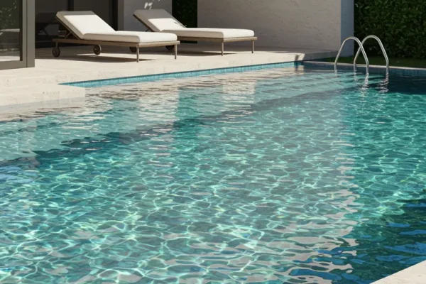 Piscina residencial moderna com água cristalina, arquitetura minimalista em concreto claro, espreguiçadeiras à beira da piscina e área externa integrada à natureza.