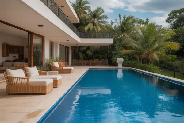 Piscina residencial moderna cercada por área verde e espreguiçadeiras de fibra natural, destacando conforto, sofisticação e integração com a natureza.