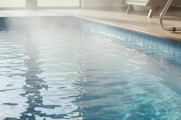 Piscina aquecida em ambiente interno com vapor d’água, proporcionando conforto e bem-estar em qualquer estação.