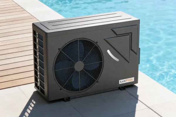 Trocador de calor LuxPool instalado ao lado de uma piscina residencial moderna, em área externa ensolarada.