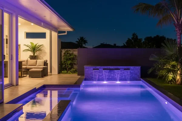 Piscina moderna iluminada em LED RGB roxo à noite, com cascata e área gourmet ao fundo sob céu estrelado.