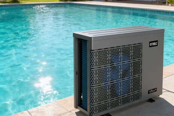 Piscina residencial moderna com água cristalina em área externa, equipada com trocador de calor para aquecimento eficiente.