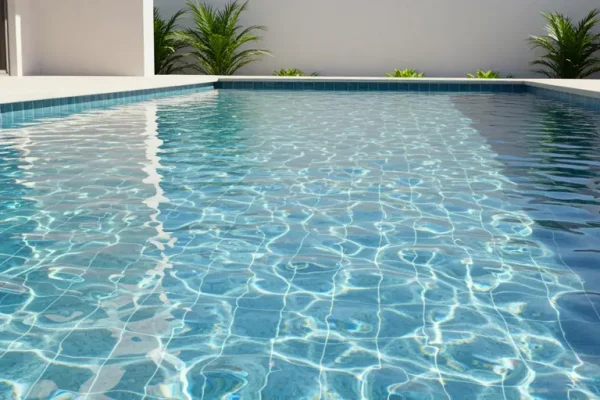 Piscina residencial com água cristalina e revestimento azul sob luz natural.