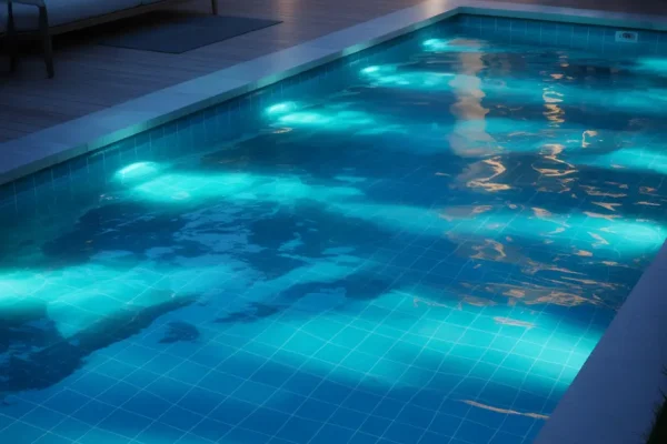 Piscina iluminada com luzes azuis em um ambiente externo moderno durante a noite.